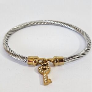 Emma Skye DSMK Stainless Steel Two-Tone Cable Bangle Bracelet Crystal Key Charm